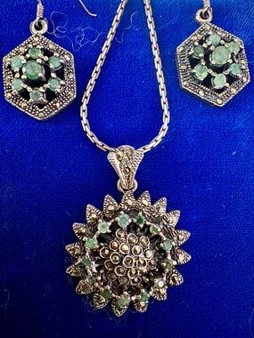 Sterling silver RARE 925 Art Deco Necklace,Earrings Natural Emeralds & Marcasite